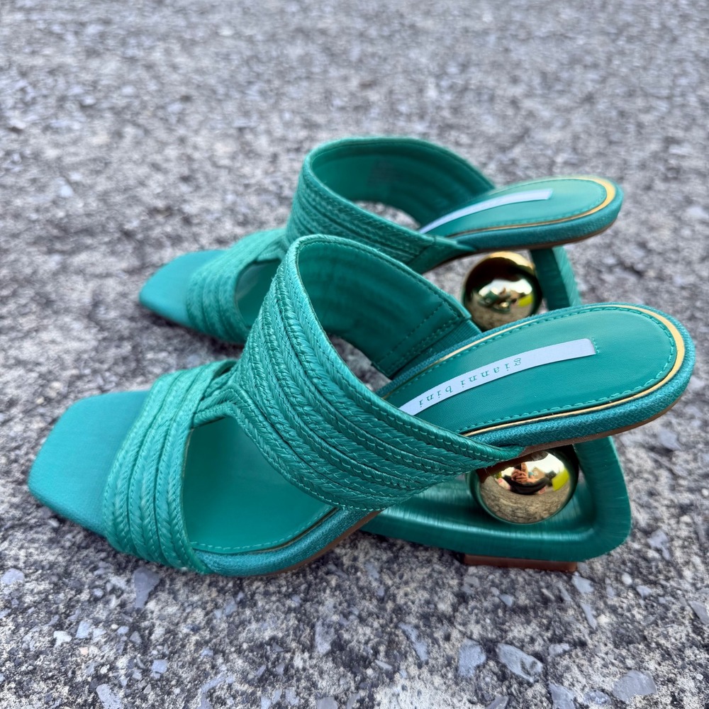 Gianni Bini Pate Palm Green Raffia Gold Ball Heel Slide Sandals Womens 8.5M - Picture 2 of 8